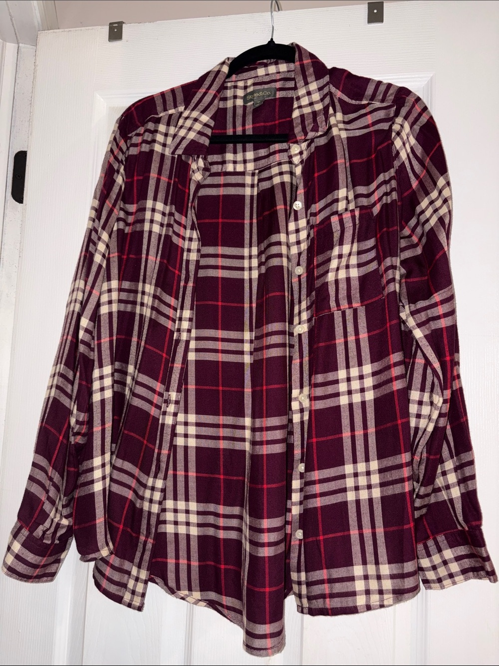 Style & Co. Plaid Button-Down Shirt in Burgundy, Cream and Red